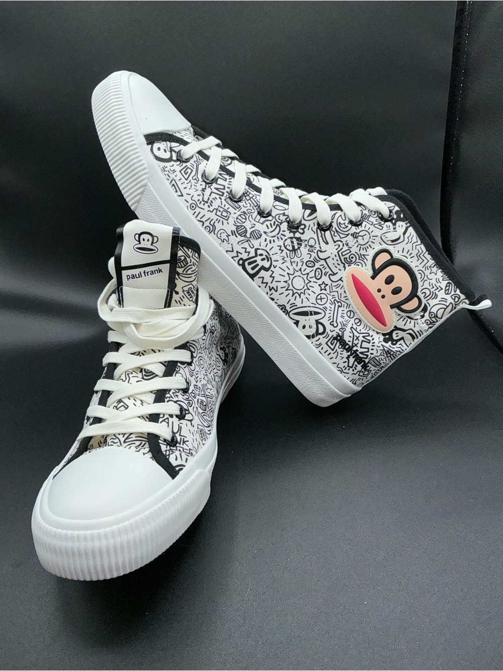 Paul Frank Kids High-Top Sneakers in White, Black and Pink Monkey Accent